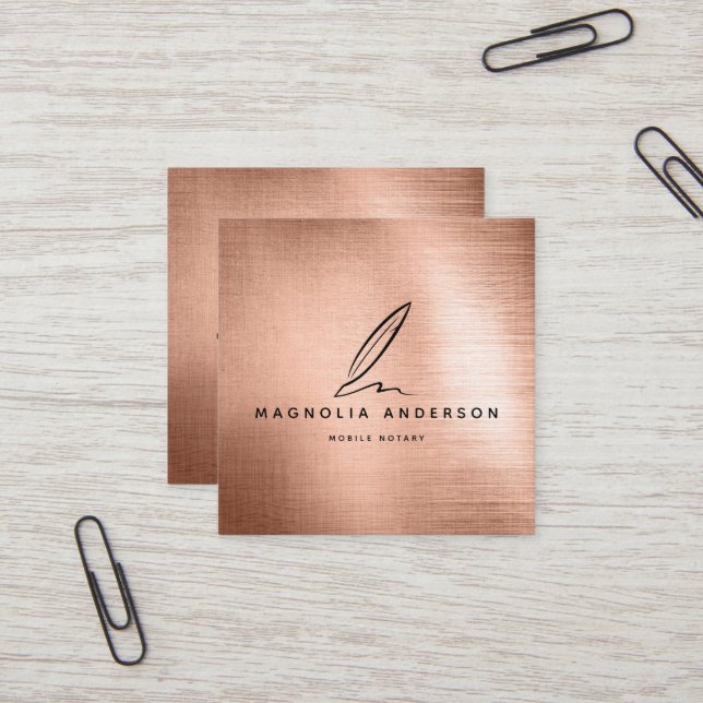 Mobile Notary Quill Rose Gold Brushed Metal  Square Business Card (Front/Back In Situ)