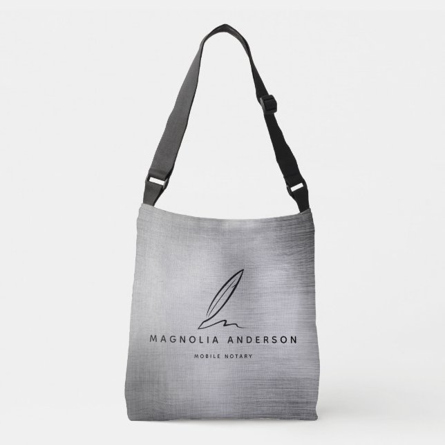 Mobile Notary Quill Silver Brushed Metal Crossbody Bag (Front)
