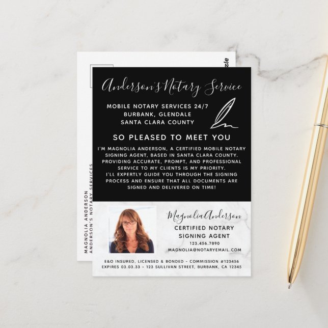 Mobile Notary Service Marble Photo Marketing Postcard (Front/Back In Situ)