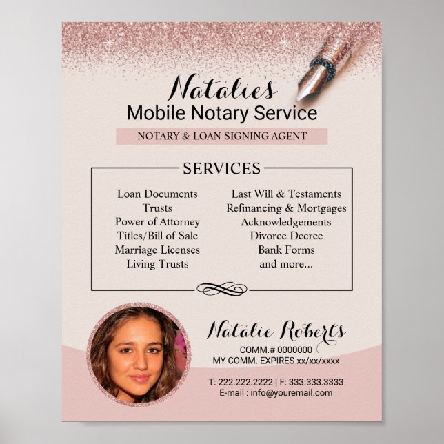 Mobile Notary Service Modern Rose Gold Glitter Poster (Front)