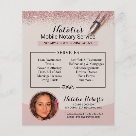 Mobile Notary Service Rose Gold Glitter Photo Flyer ...
