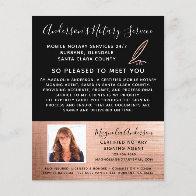 Mobile Notary Service Rose Gold Photo Flyer (Front)