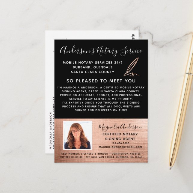 Mobile Notary Service Rose Gold Photo Marketing Postcard (Front/Back In Situ)
