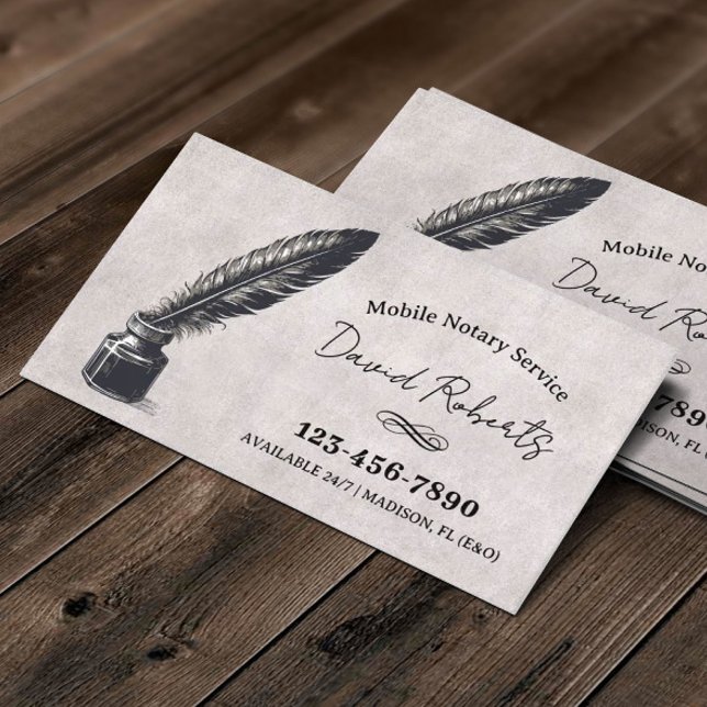 Mobile Notary Service Vintage Feather Pen Business Card (Creator Uploaded)