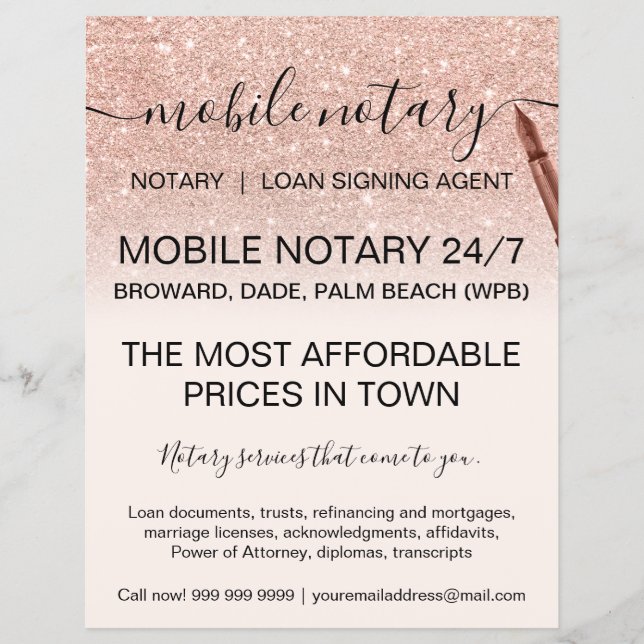 Mobile notary services rose gold glitter ombre flyer (Front)