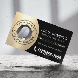Mobile Notary Signing Agent Black & Gold Photo Business Card