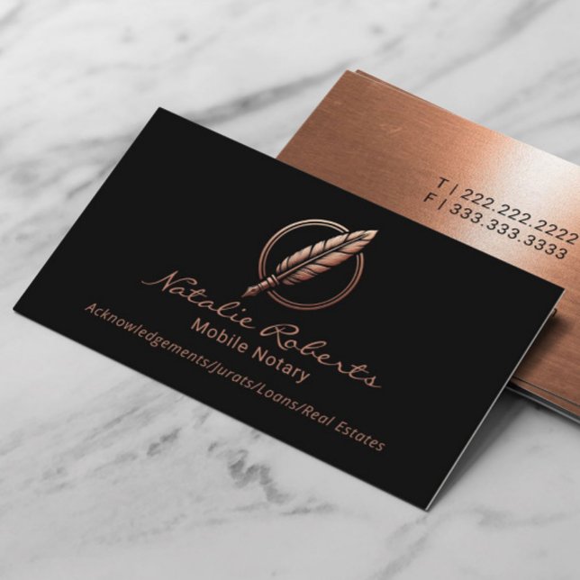 Mobile Notary Signing Agent Copper Quill Logo Business Card (Creator Uploaded)