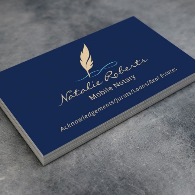 Mobile Notary Signing Agent Custom Quill Logo Navy Business Card (Creator Uploaded)