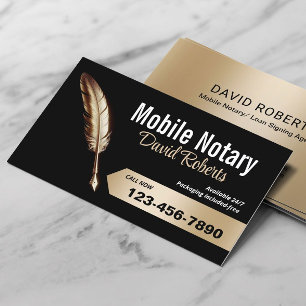Mobile Notary Signing Agent Gold Feather Pen Black Business Card