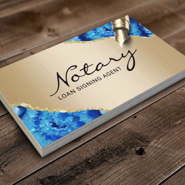 Mobile Notary Signing Agent Modern Gold Blue Agate Business Card (Creator Uploaded)
