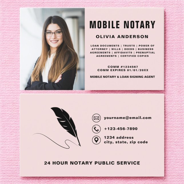 Mobile Notary Signing Agent Photo Blush Pink Business Card (Creator Uploaded)