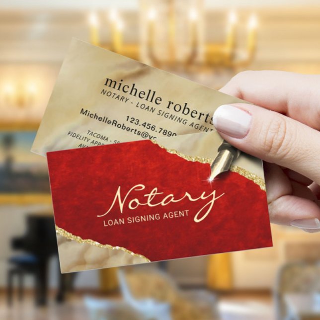 Mobile Notary Signing Agent Red & Gold Agate Business Card (Creator Uploaded)
