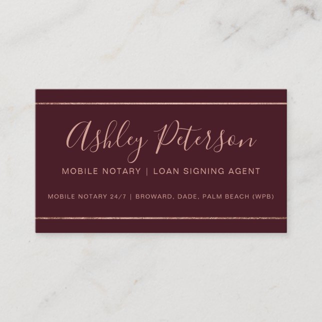 Mobile Notary typography rose gold stripe red Business Card (Front)