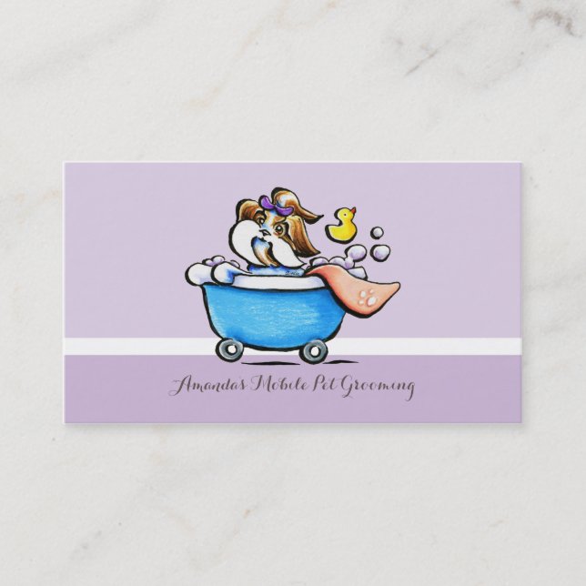 Mobile Pet Groomer Shih Tzu Purple Business Card (Front)