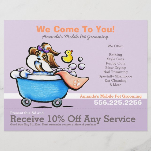 Mobile Pet Groomer Shih Tzu Purple Coupon Ad Flyer (Front)