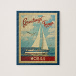 Mobile Sailboat Vintage Travel Alabama Jigsaw Puzzle<br><div class="desc">This Greetings From Mobile Alabama vintage travel nautical design features a boat sailing on the water with seagulls and a blue sky filled with gorgeous puffy white clouds.</div>