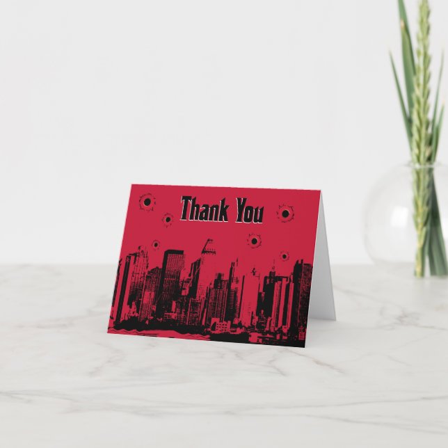Mobster, Skyline, Red and Black Thank You Cards (Front)