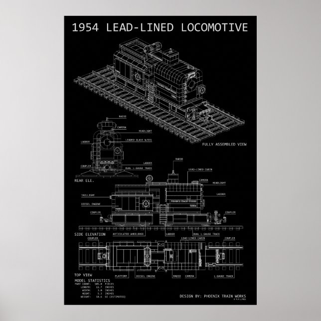 MOC Model of Lead Lined Locomotive Blueprint Poster (Front)