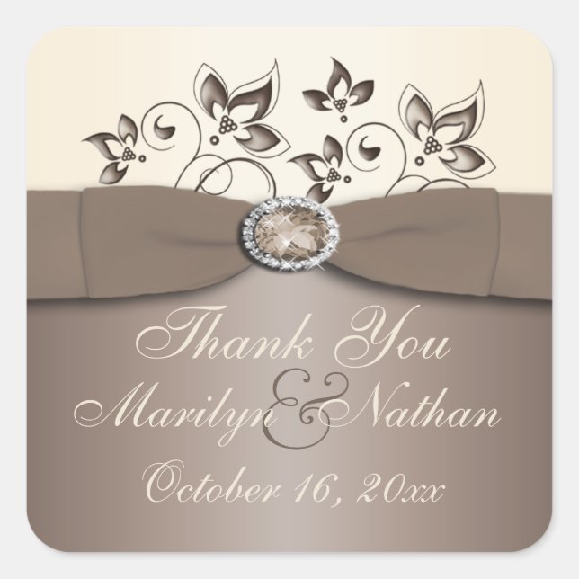 Mocha and Ivory Floral Wedding Favour Sticker (Front)