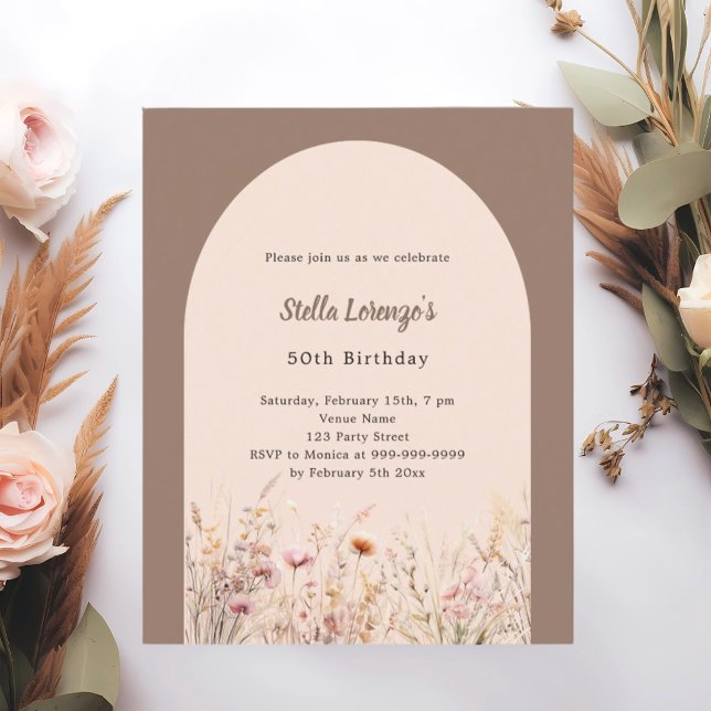 Mocha beige wildflower florals birthday invitation (Creator Uploaded)