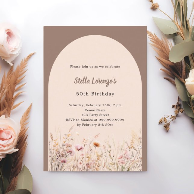 Mocha beige wildflower florals birthday invitation (Creator Uploaded)