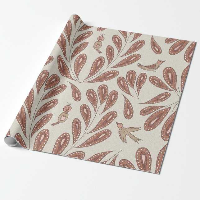 Mocha Birds and Flowers Wrapping Paper (Unrolled)
