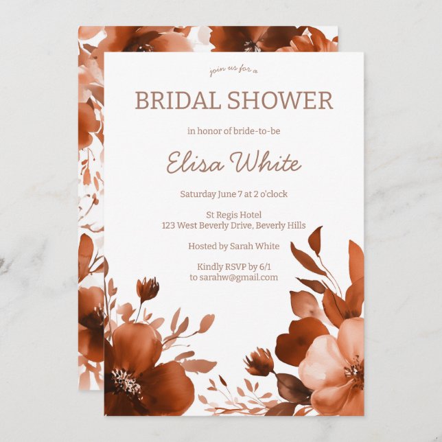 Mocha Blooms Watercolor Bridal Shower CUSTOM  Invitation (Front/Back)