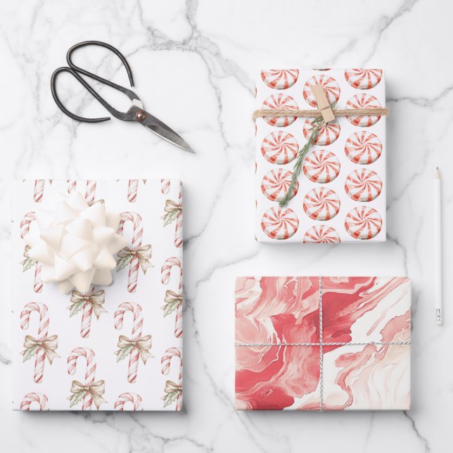 Mocha Bow Pink Candy Cane Christmas Wrapping Paper Sheet (Front)