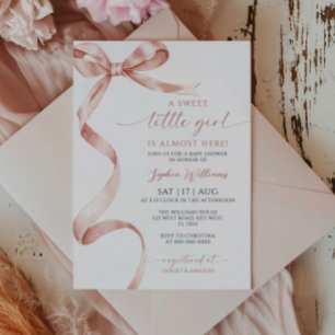Mocha Bow Sweet Little Girl Baby Shower Invitation