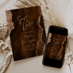 Mocha Brown Agate Script Wedding Save the Date Invitation