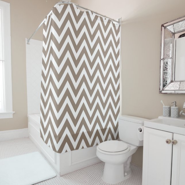 Mocha Brown and White Chevron Shower Curtain (In Situ)