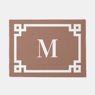 Mocha Brown and White Greek Key Border Monogram Doormat