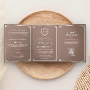 Mocha Brown and White Monogram QR Code Wedding Tri-Fold Invitation