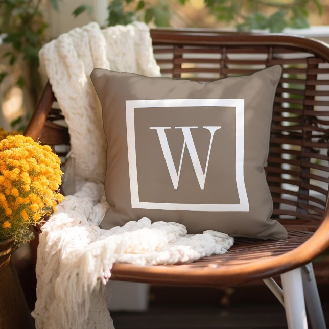 Mocha Brown and White Preppy Square Monogram Cushion (Creator Uploaded)