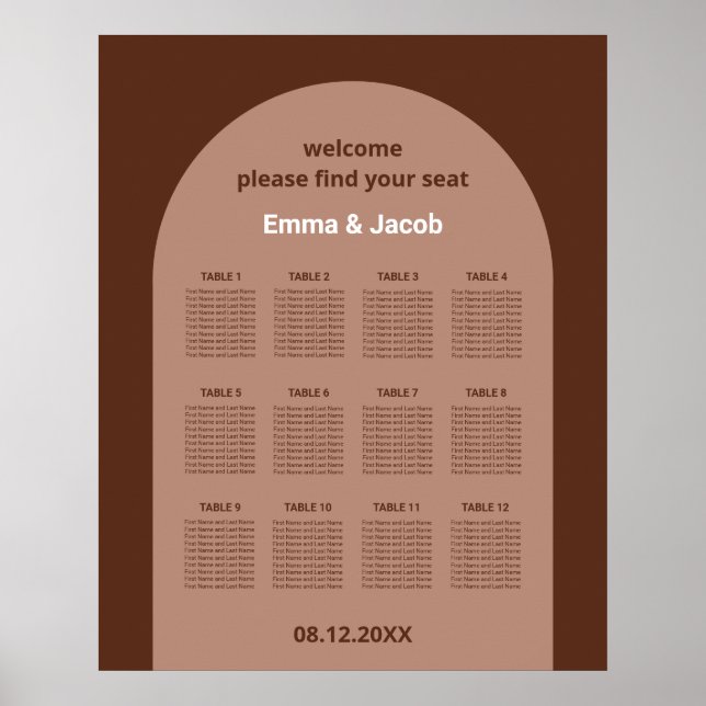 Mocha Brown Arch 12 Table Seating Chart Poster (Front)