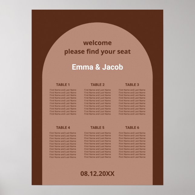 Mocha Brown Arch 6 Table Seating Chart Poster (Front)