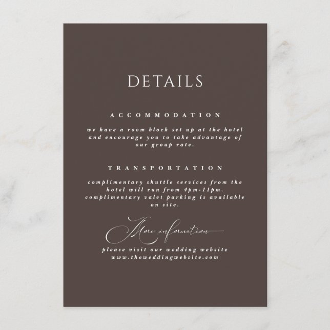 Mocha Brown Calligraphy Wedding Details  Enclosure Card (Front)