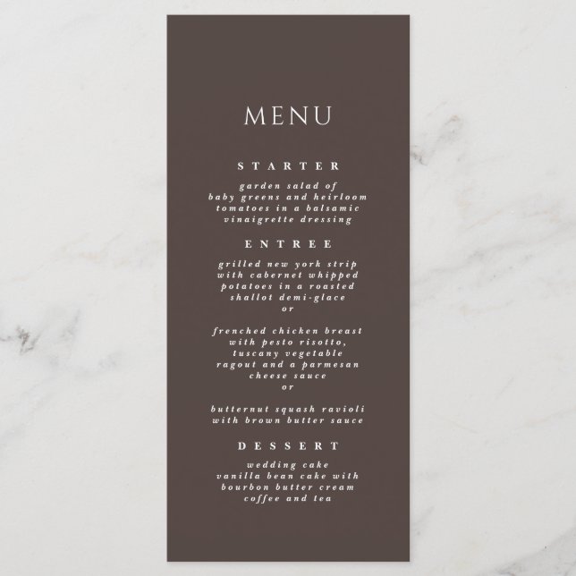 Mocha Brown Chic Modern Elegant Dinner Wedding Menu (Front)