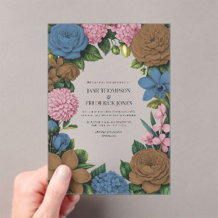 Mocha Brown, Dusty Blue & Soft Pink Floral Wedding Acrylic Invitations