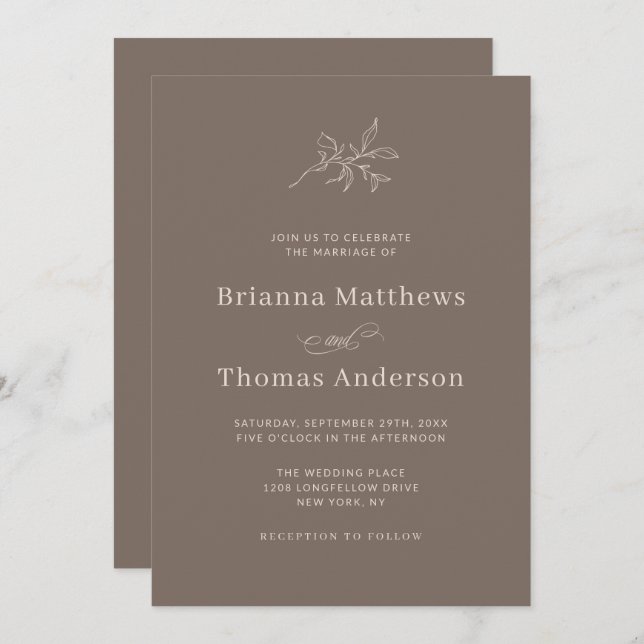 Mocha Brown Fall Simple Elegant Wedding Invitation (Front/Back)