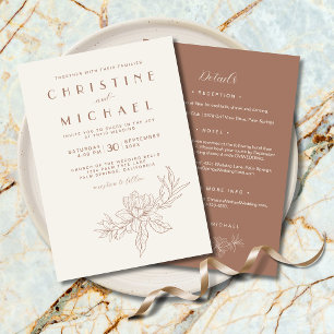 Mocha Brown Floral Formal All In One Ivory Wedding Invitation