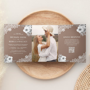 Mocha Brown Floral Lace Photo QR Code Wedding Tri-Fold Invitation