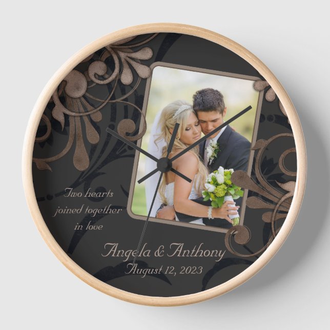 Mocha Brown Floral Personalised Photo Template Clock (Front)