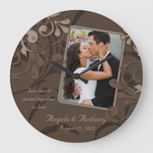 Mocha Brown Floral Personalised Photo Template Large Clock