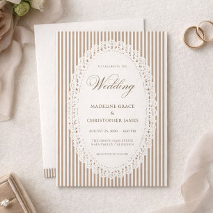 Mocha Brown French Stripe Lace Wedding Invitation