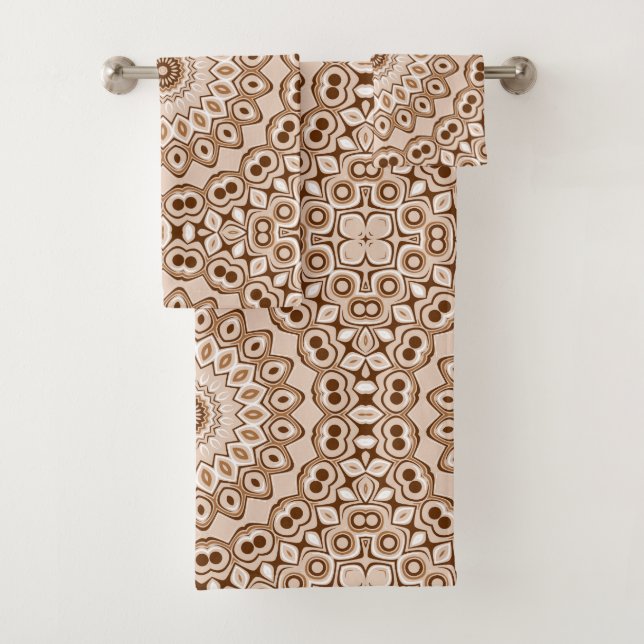 Mocha Brown Geometric Mandala Pattern Bath Towel Set (Insitu)