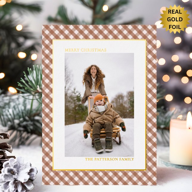 Mocha Brown Gingham Plaid Pattern Photo Christmas Foil Holiday Card (Creator Uploaded)