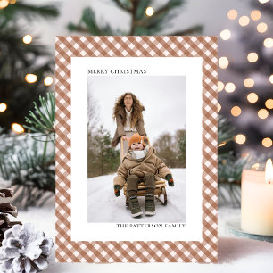 Mocha Brown Gingham Plaid Pattern Photo Christmas Holiday Card
