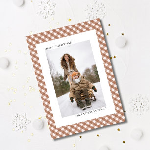 Mocha Brown Gingham Plaid Pattern Photo Christmas Holiday Postcard
