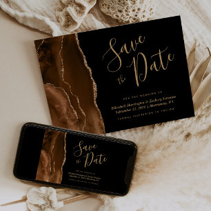 Mocha Brown Gold Agate Black Save the Date Card